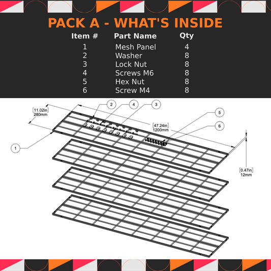 Product packaging list with item details and a diagram of a mesh panel assembly.