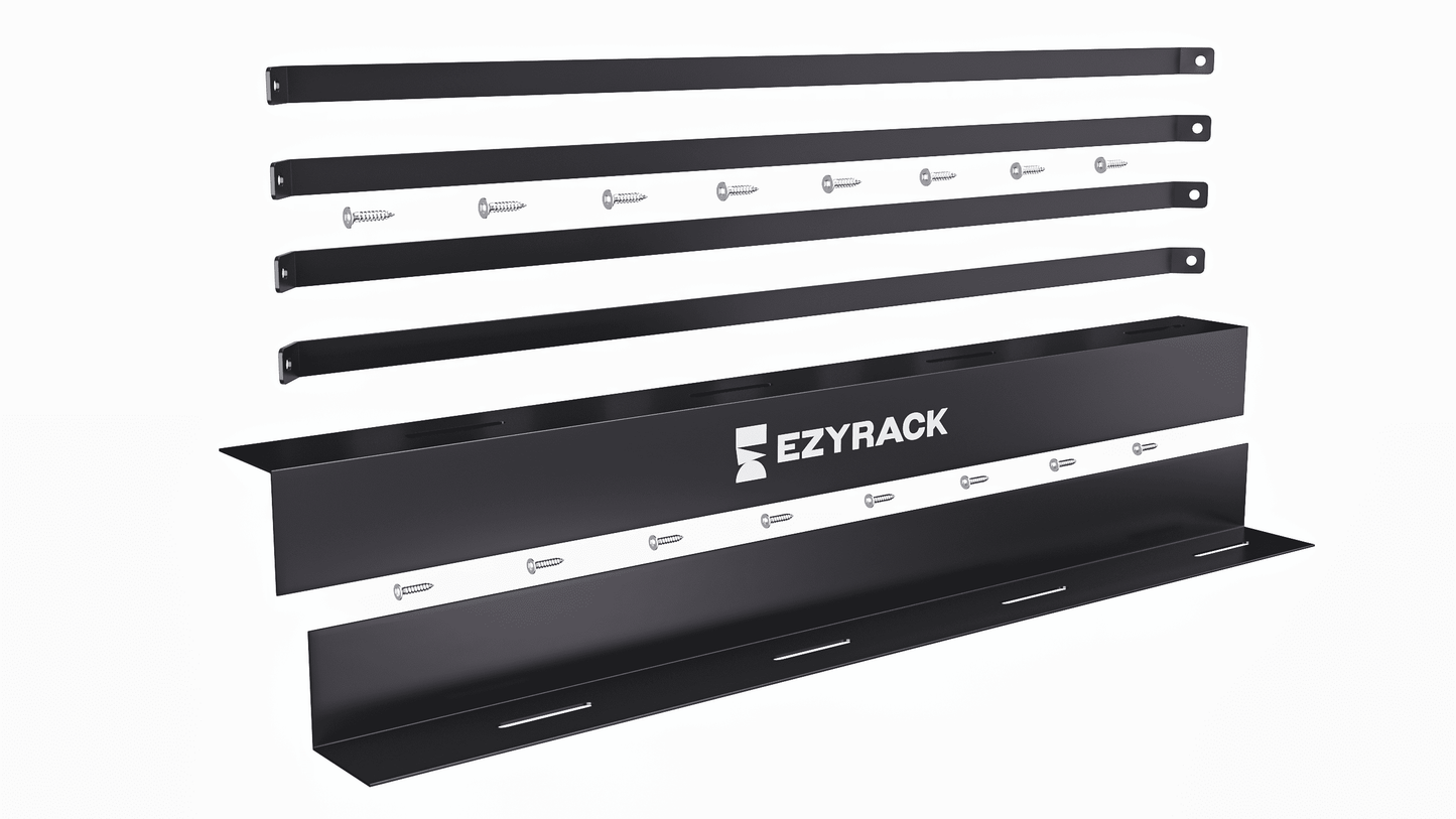 Ezyrack Pack F black wood storage kit including support straps, mounting hardware, and branded Ezyrack bracket.