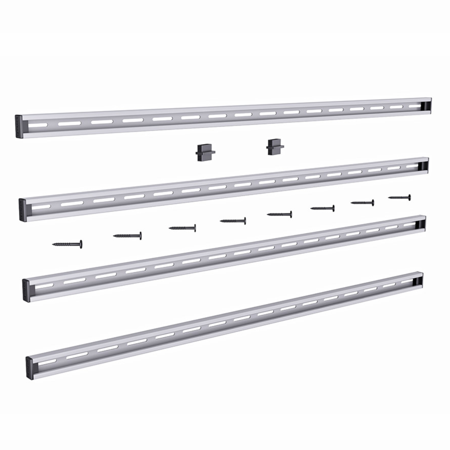 Set of metal shelves and brackets on a white background