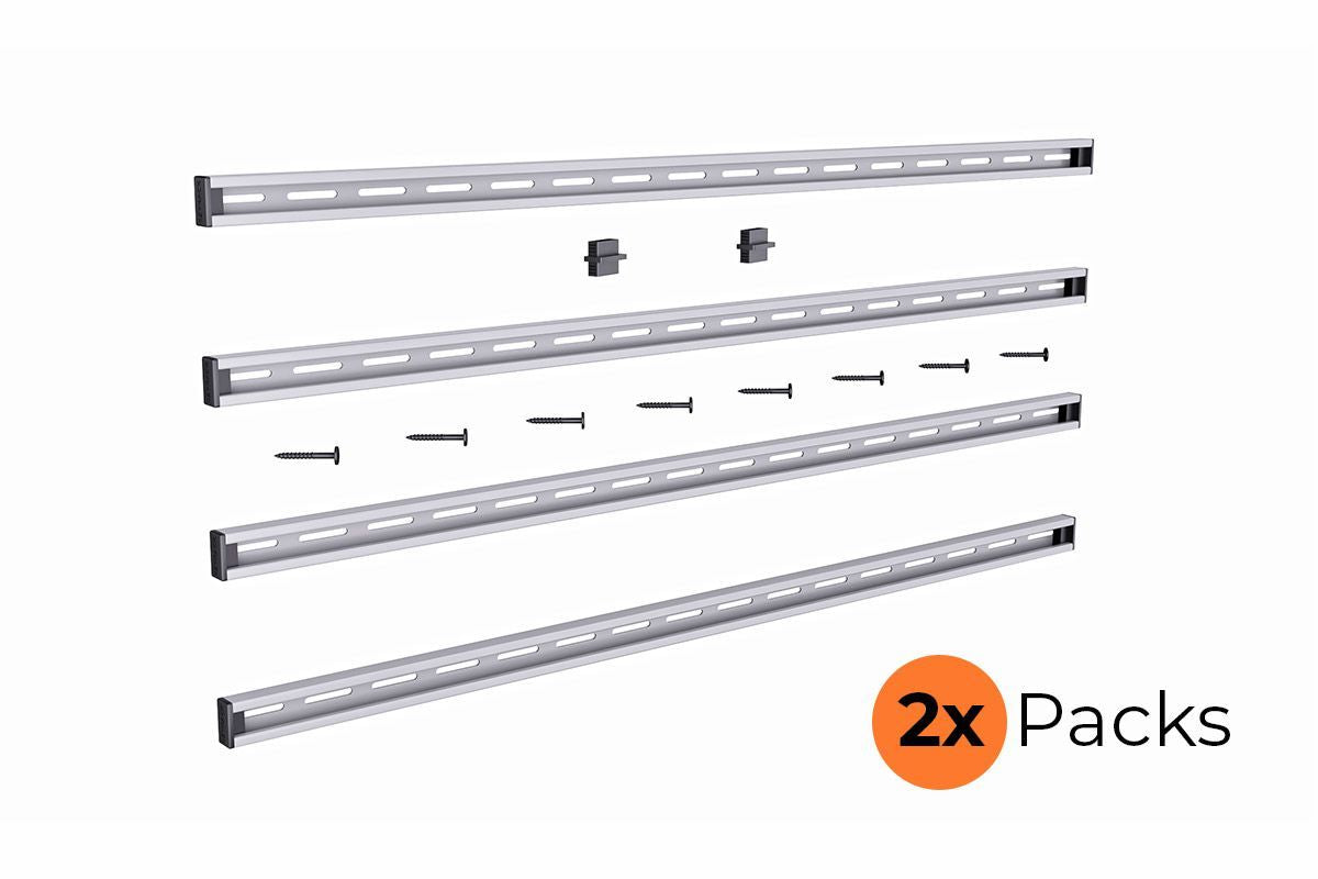 Set of metal shelves with brackets on a white background