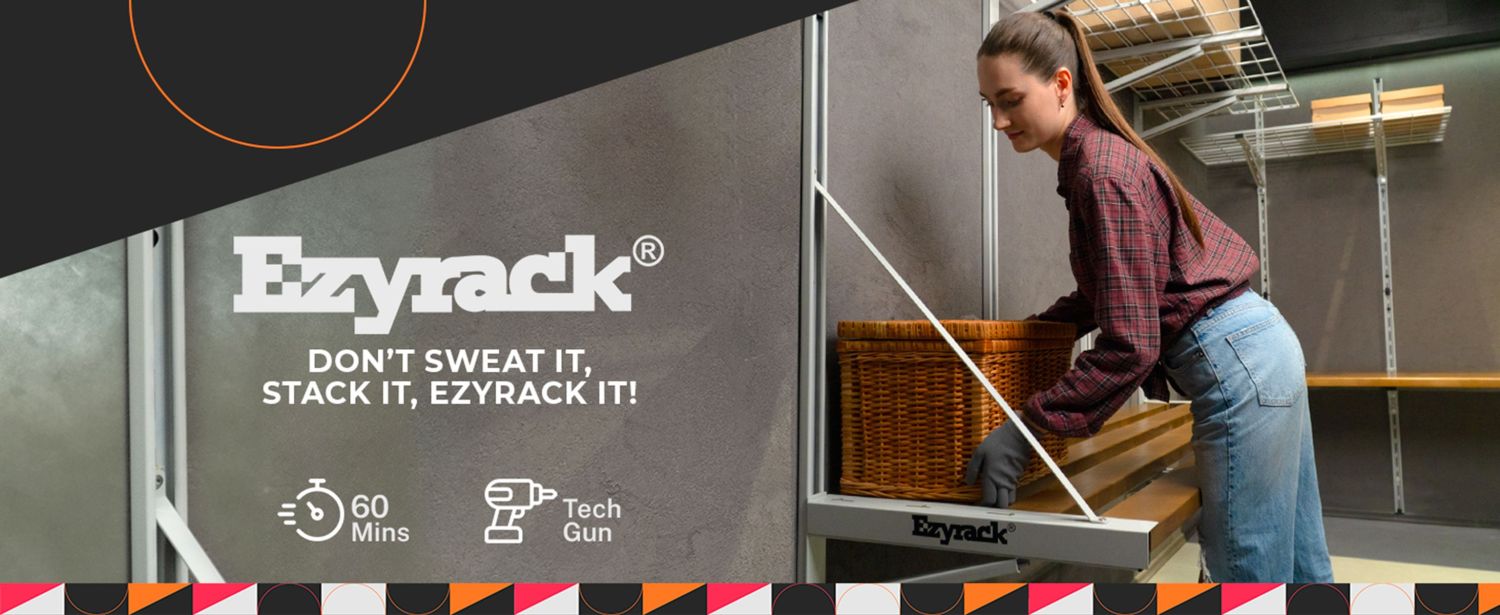 Person using Ezyrack shelving system with branding and text on a gray background