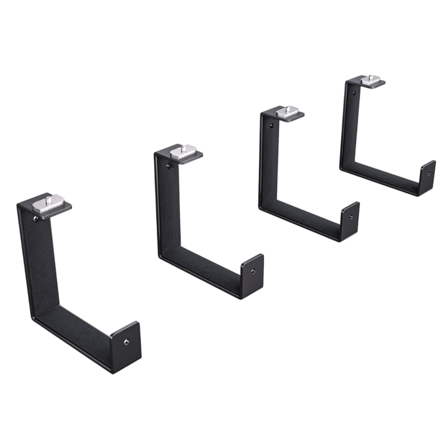 Set of four black metal brackets on a white background
