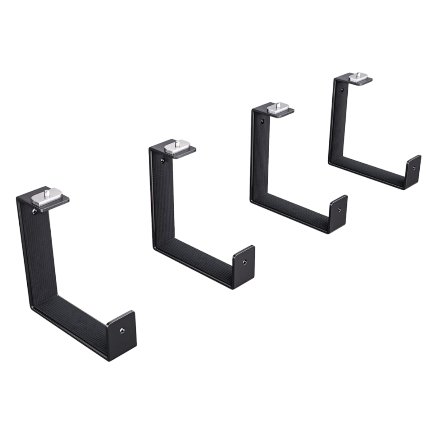 Set of four black metal brackets on a white background