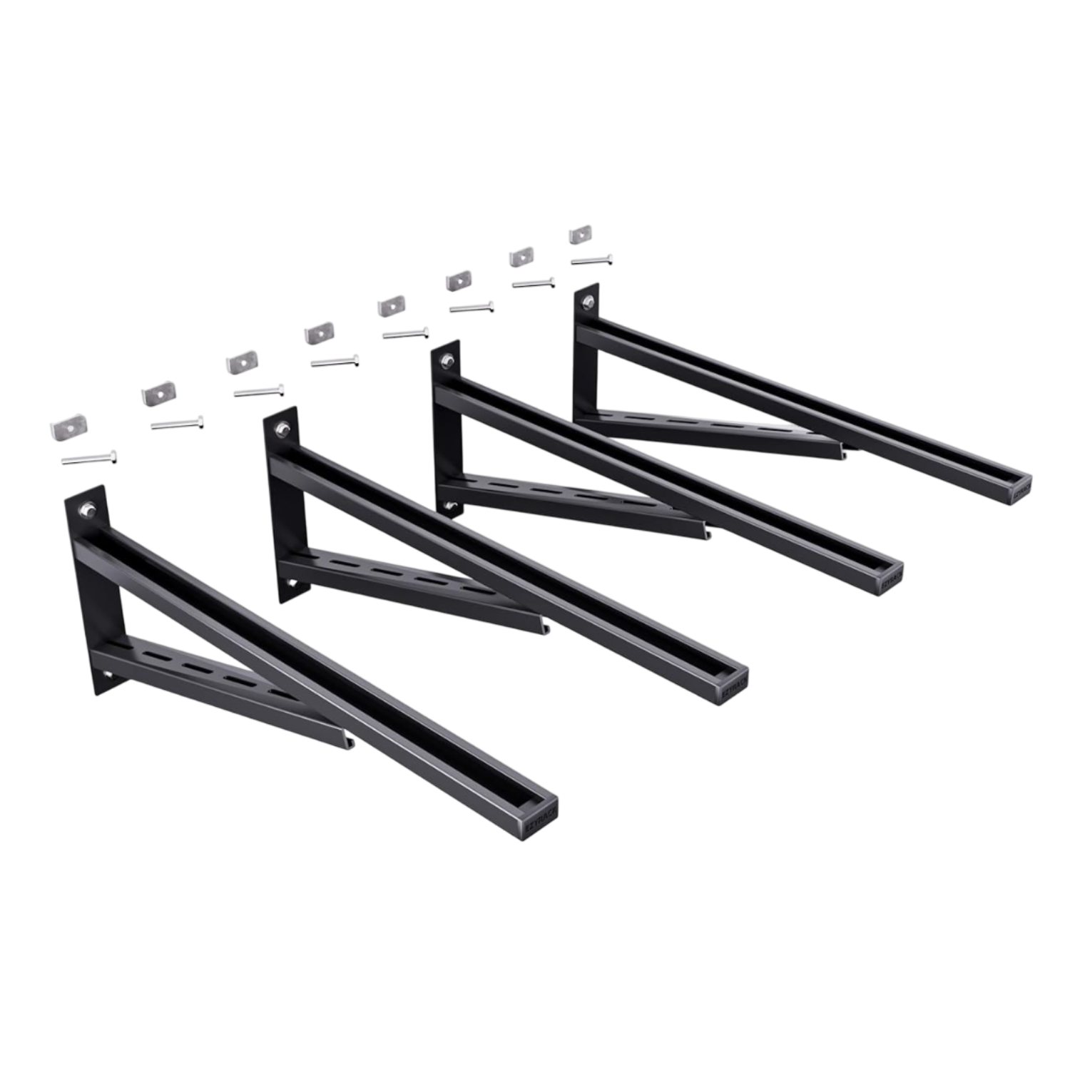Set of black metal brackets with mounting hardware on a white background