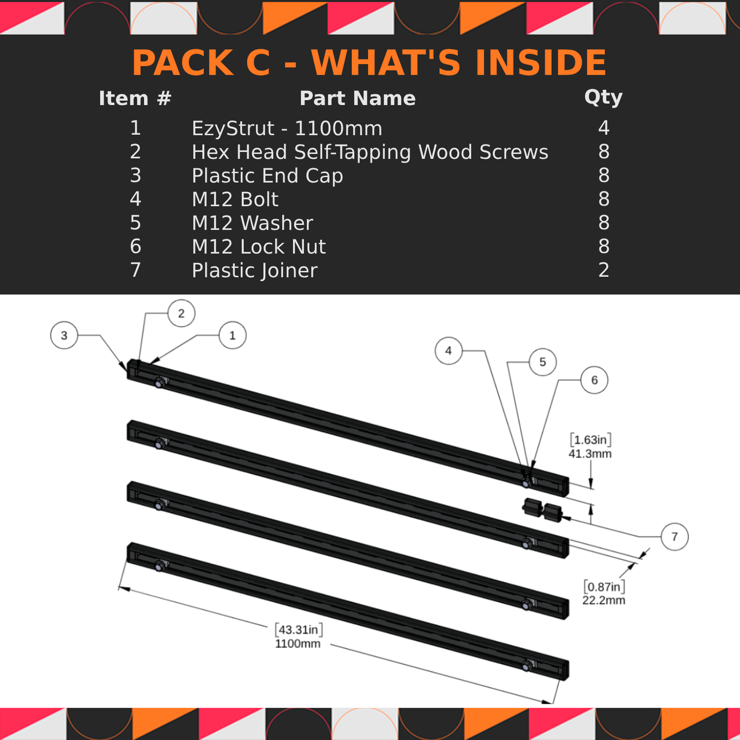 Product packaging list with item details and component diagram on a black background