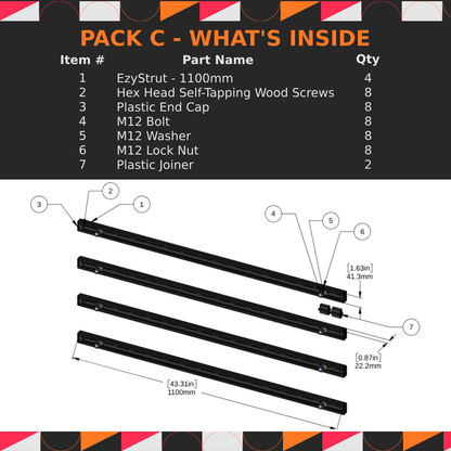 Product packaging list with item details and component diagram on a black background