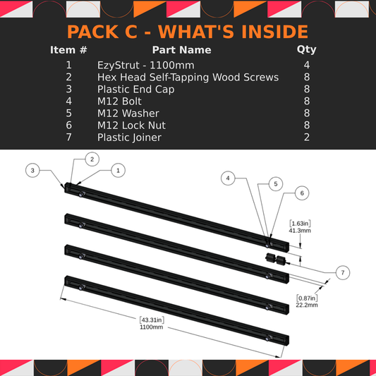 Product packaging list with item details and component diagram on a black background