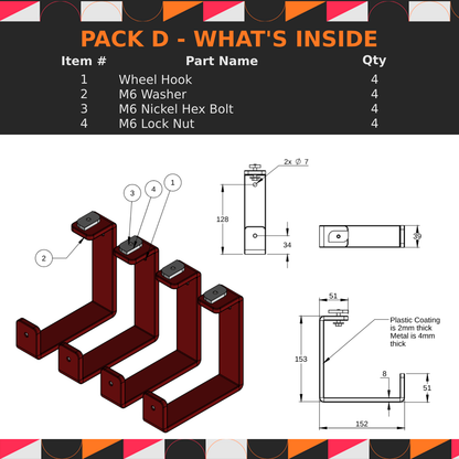 Product packaging diagram for Pack D showing parts and quantities with a black background.