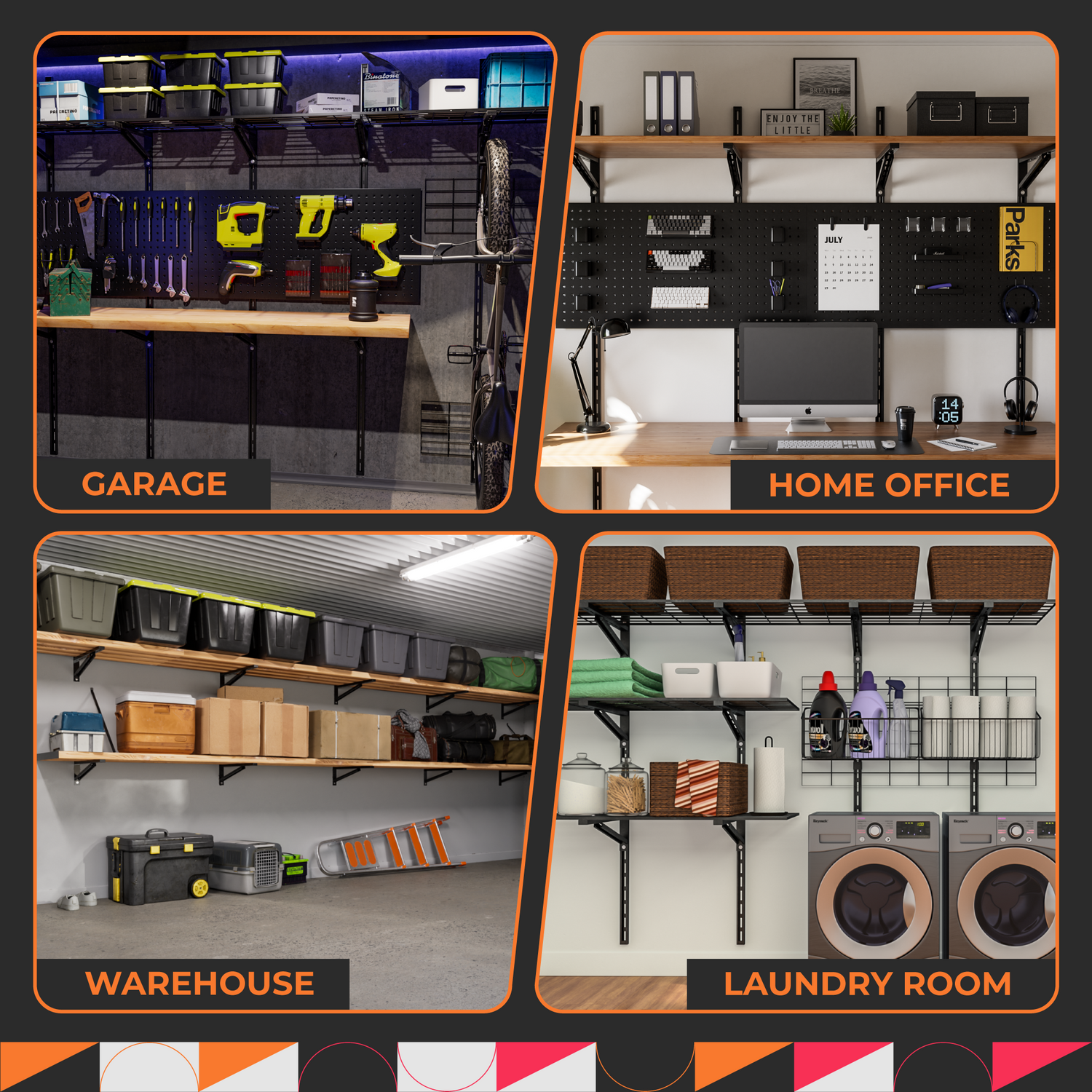 Collage showing Ezyrack storage systems in four settings: a garage with power tools, a home office with shelving, a warehouse with heavy bins, and a laundry room with wire baskets.