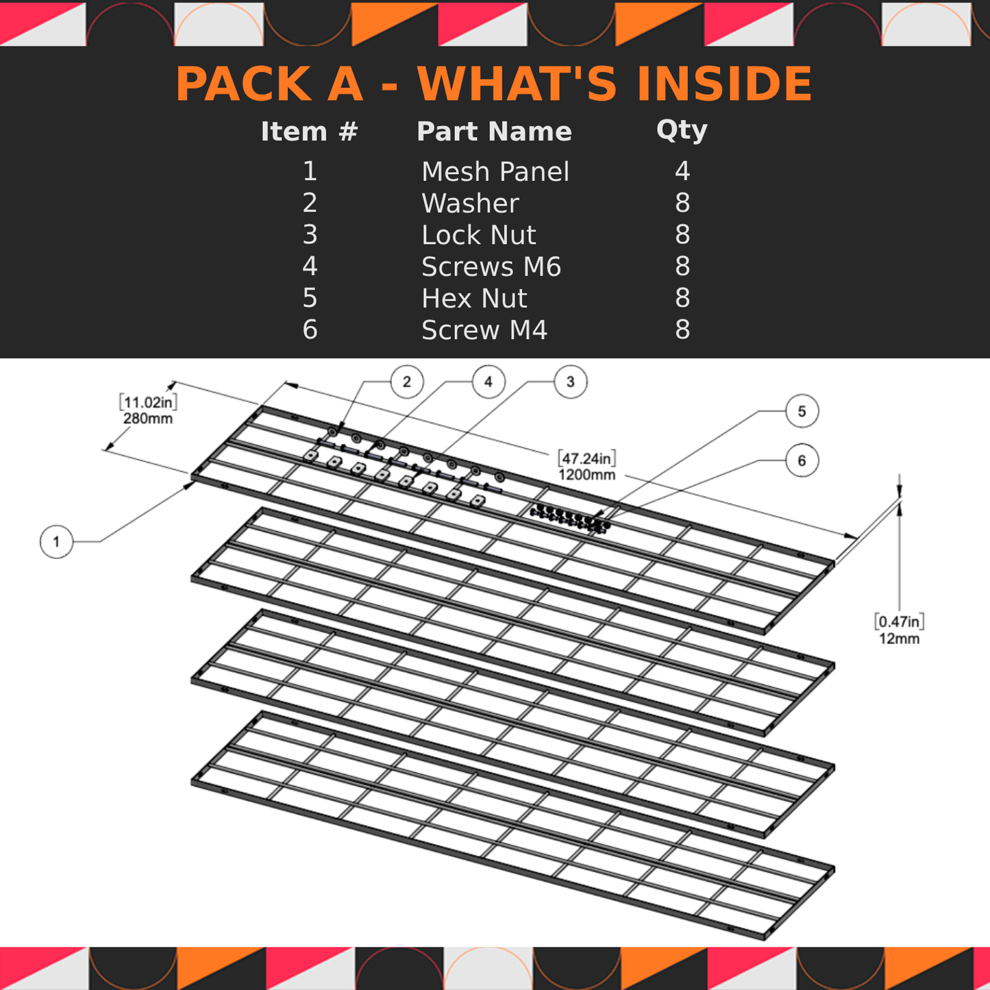 Product packaging list with item details and a diagram of a mesh panel assembly.