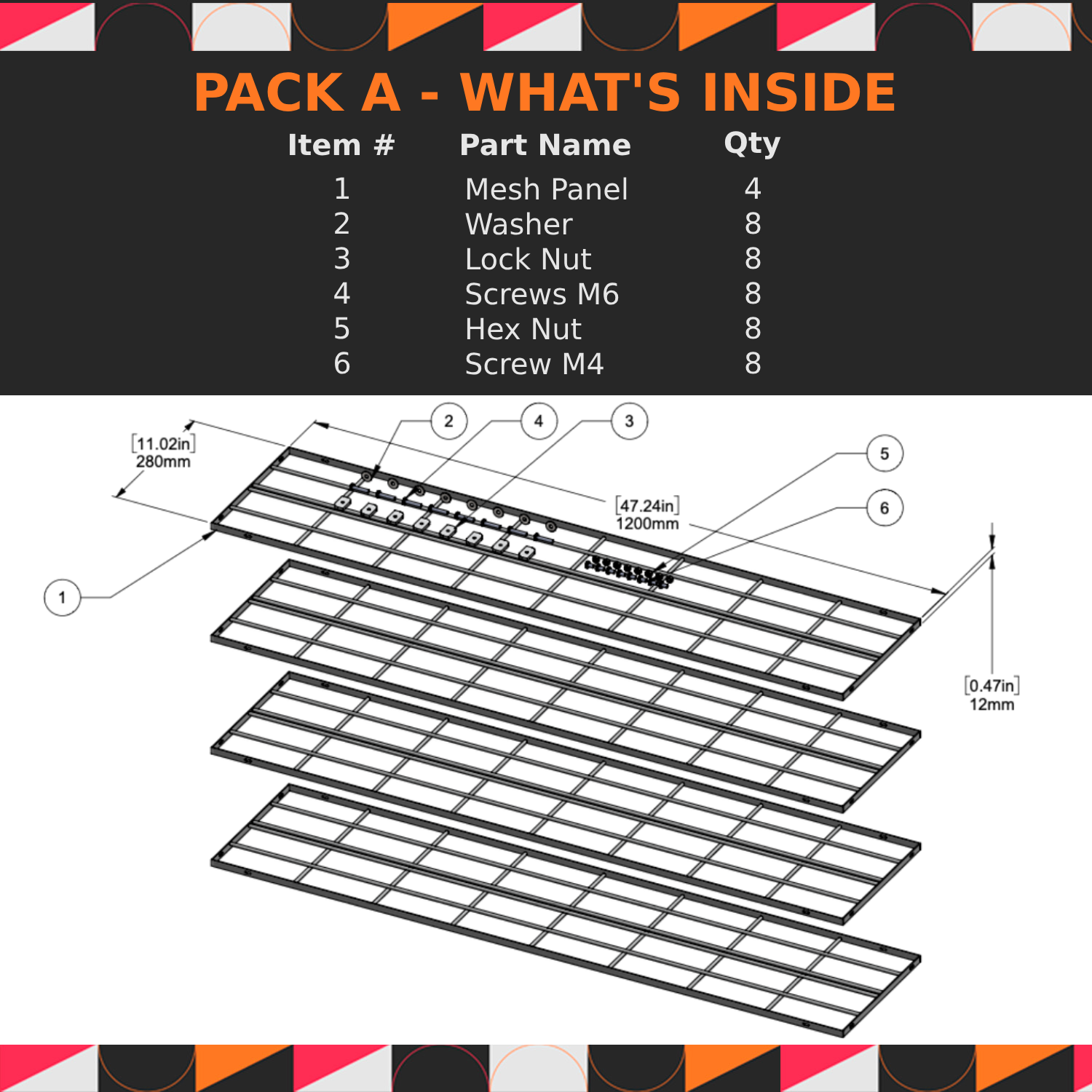 Product packaging list with item details and a diagram of a mesh panel assembly.