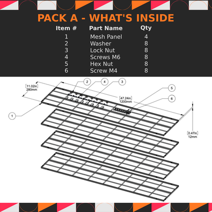 Product packaging list with item details and a diagram of a mesh panel assembly.