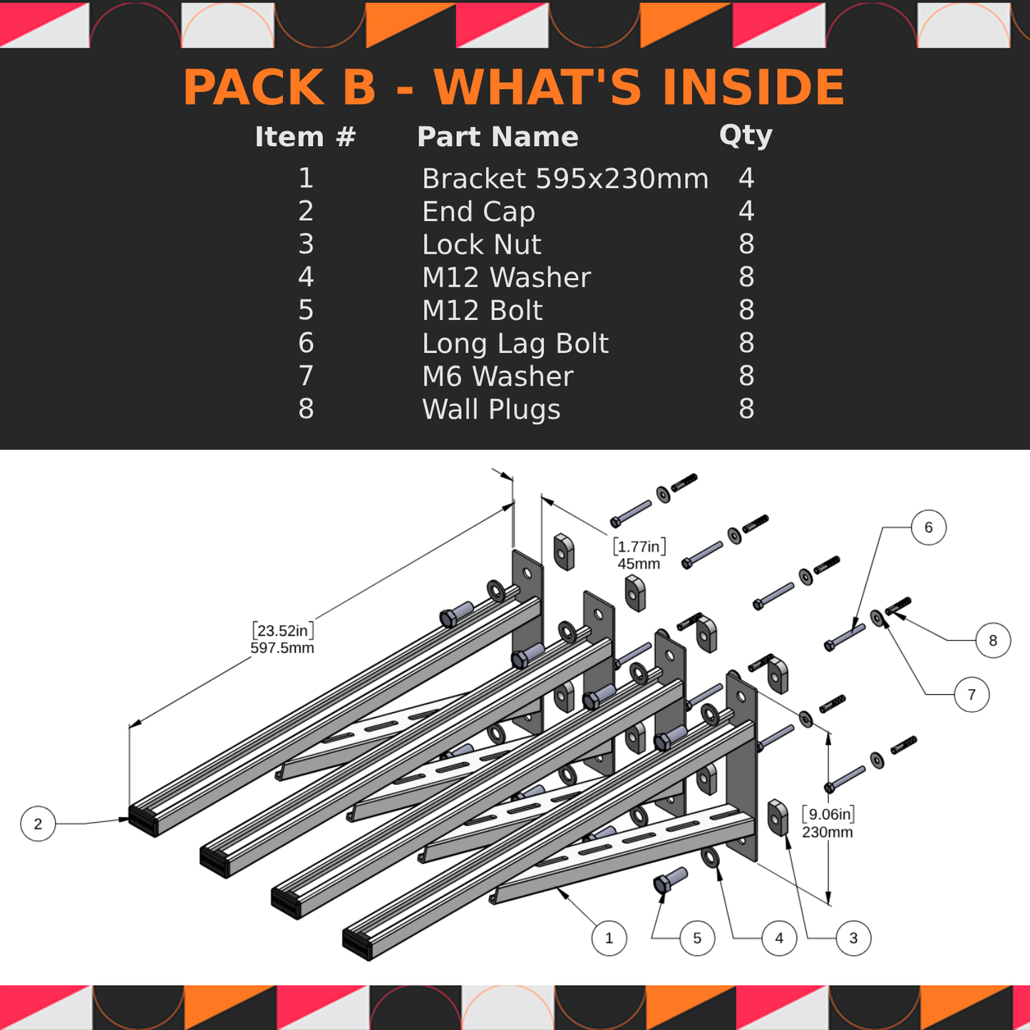 Technical diagram of a bracket assembly with component list on a black background