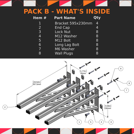Technical diagram of a bracket assembly with component list on a black background