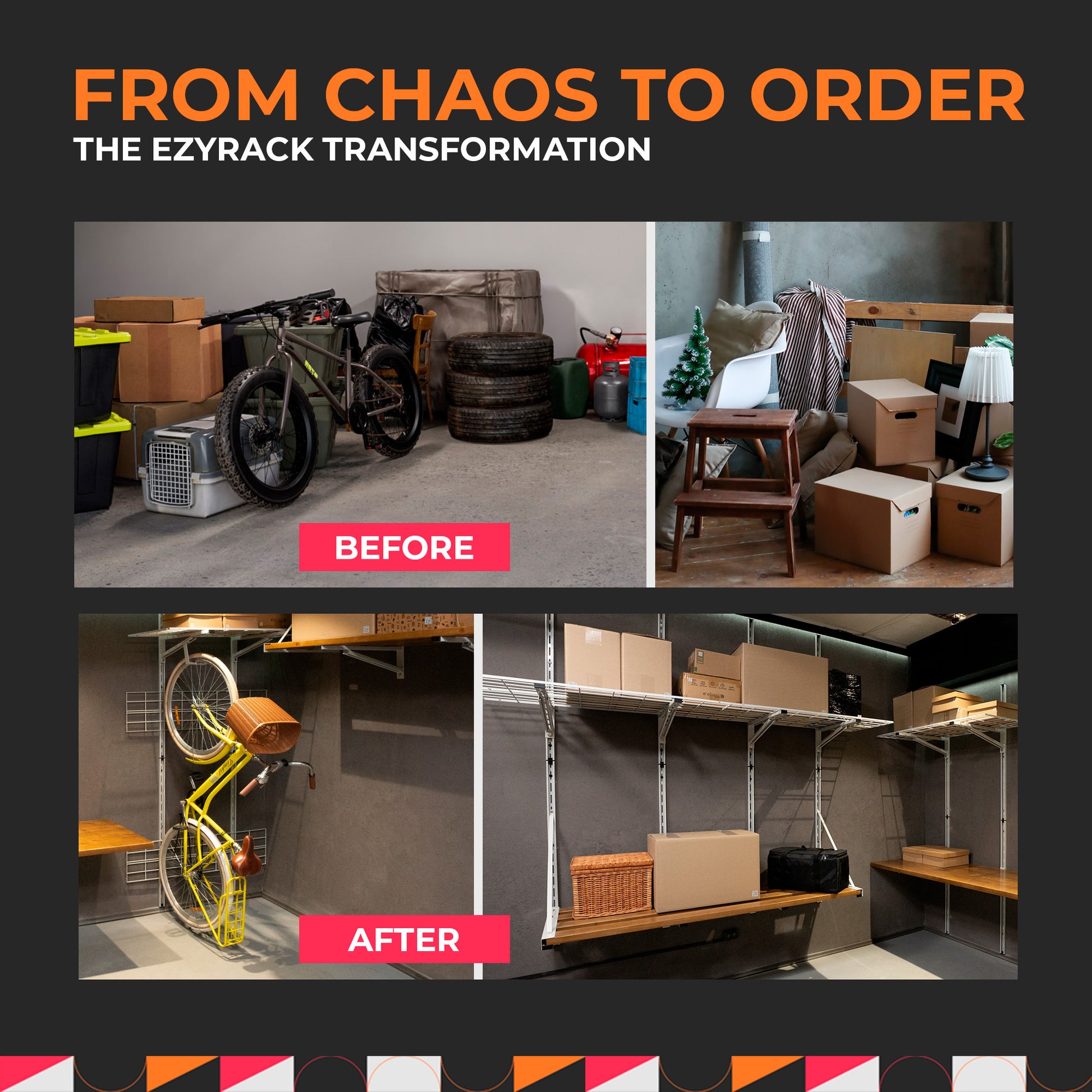 Transformation of a chaotic garage into an organized space using EzyRack.