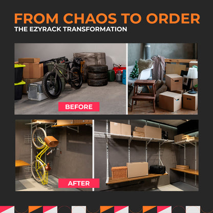 Transformation of a chaotic garage into an organized space using EzyRack.
