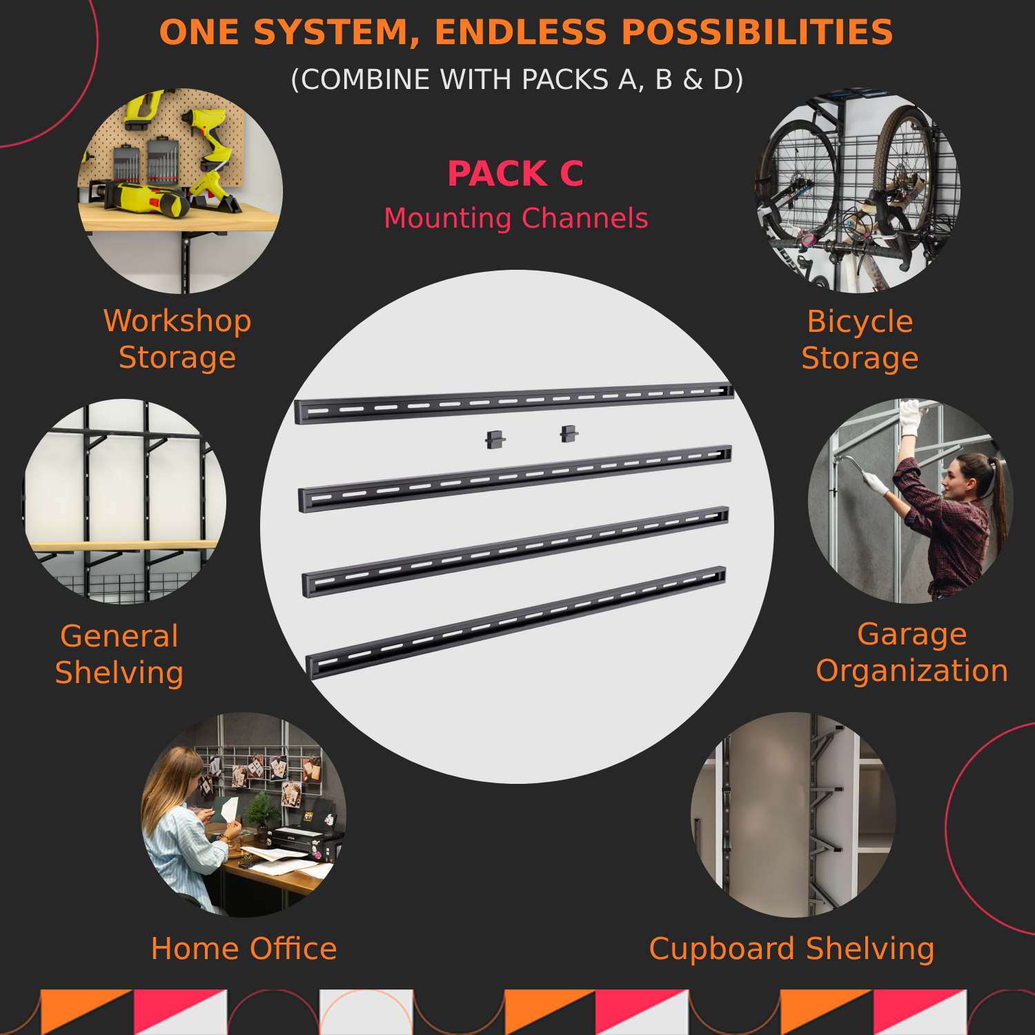 Promotional graphic for mounting channels with various application scenarios on a dark background.