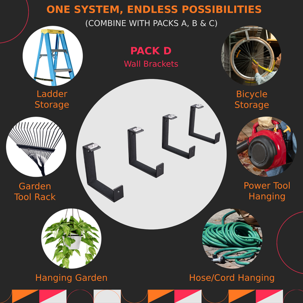Promotional graphic for wall brackets with various storage solutions on a dark background.