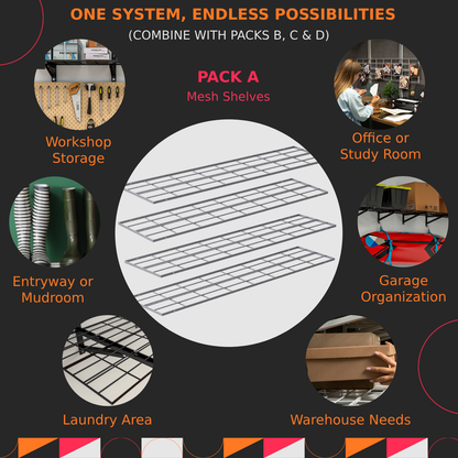 Mesh shelves with various application scenarios on a dark background