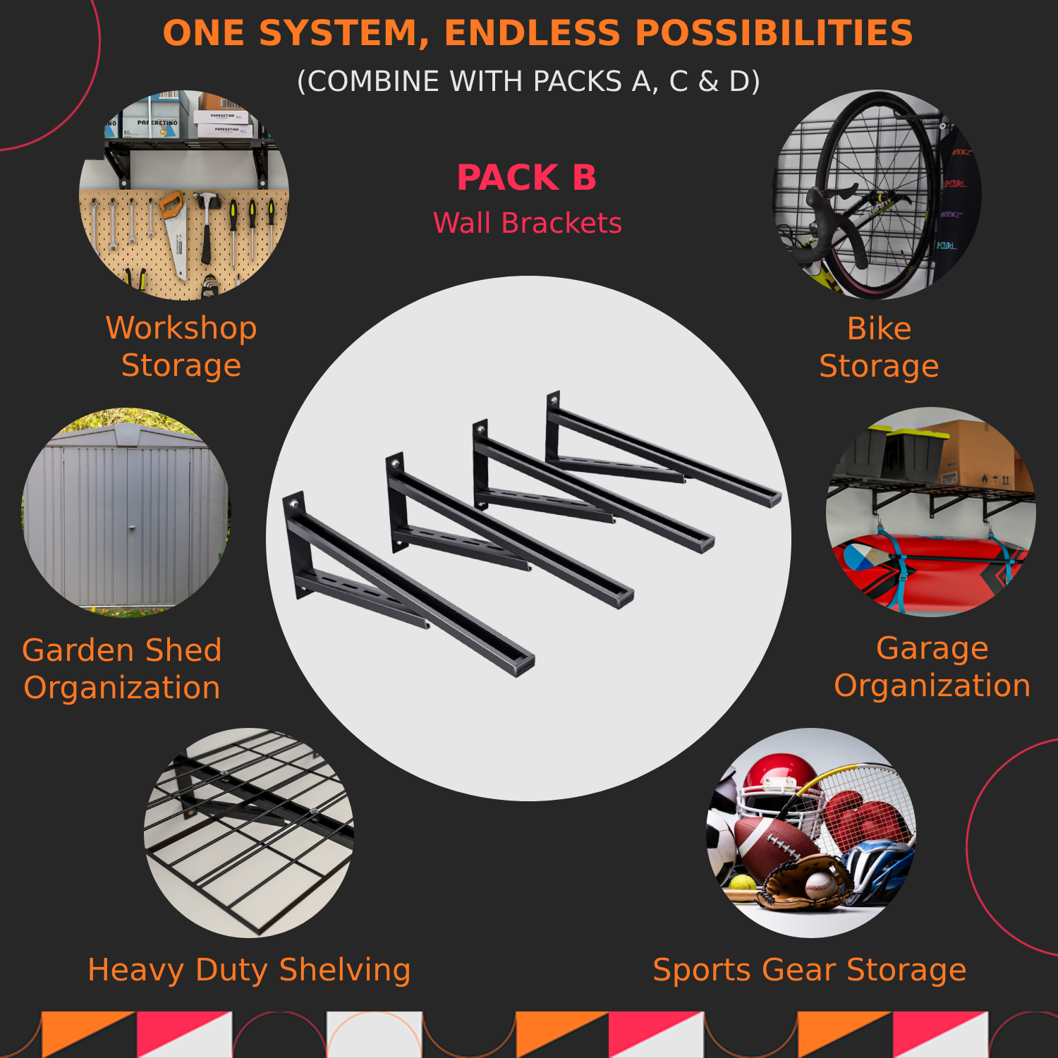 Promotional graphic for wall brackets with various application scenarios on a dark background.