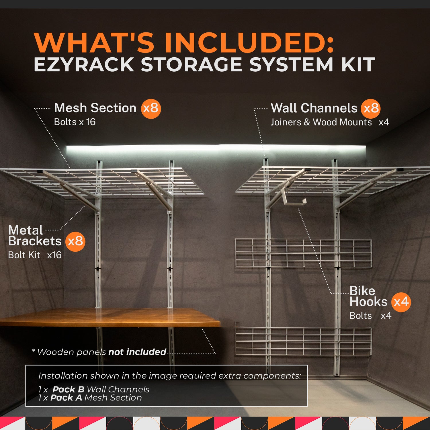 Infographic for an Ezyrack Storage System Kit showing a wall-mounted setup with 8 mesh sections, 8 wall channels, 8 metal brackets, and 4 bike hooks.