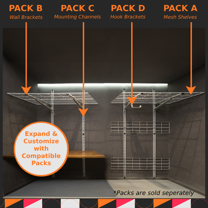 Storage rack system with labeled components and expandable customization options.