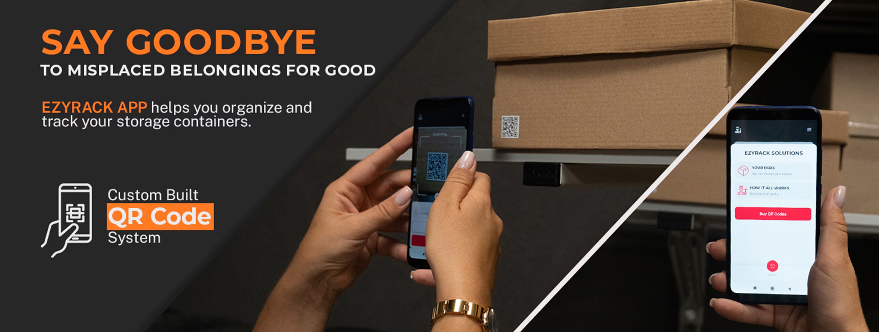 Ezyrack app advertisement with hands using a phone to scan QR codes on storage containers.