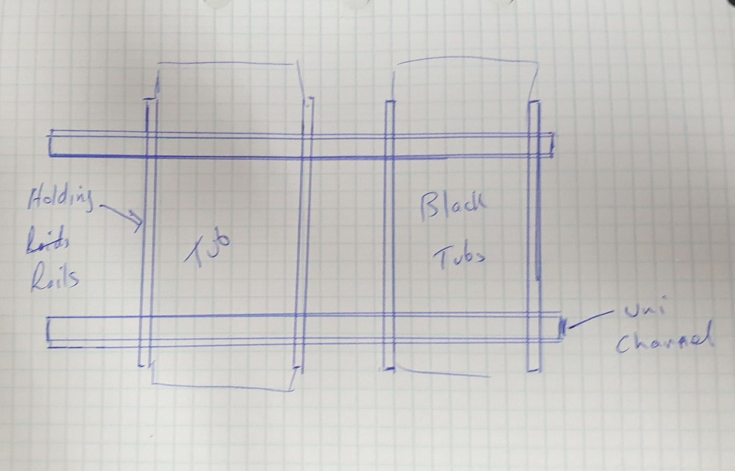 Technical drawing of a mechanical assembly on graph paper with labeled parts.