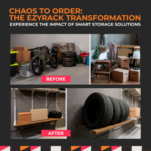 Before and after transformation of a storage area with EZYRACK solutions.
