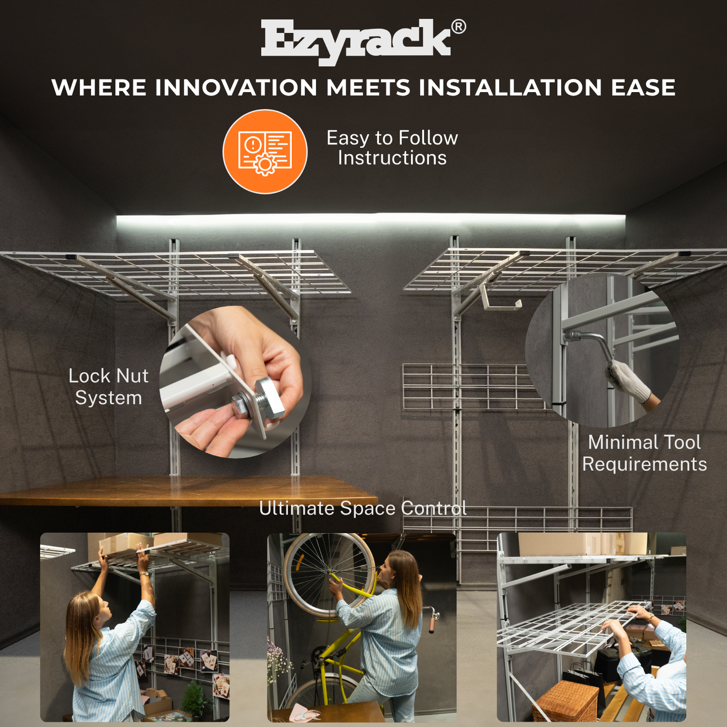 Ezyrack product display with installation features and user engagement.