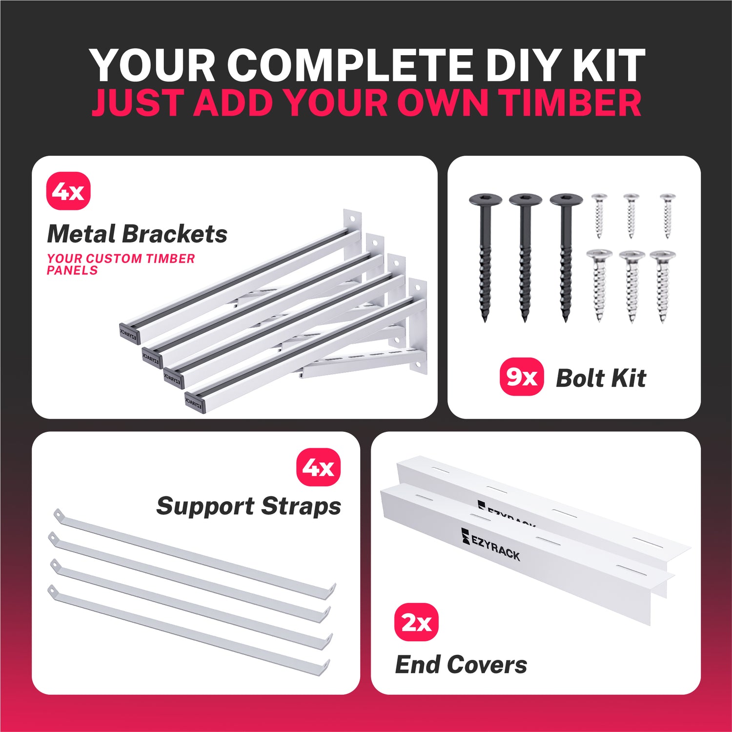 Infographic for the all-metal Modular System Pack showing 4 white wire shelves, a 16-piece bolt kit with 8 washers, 4 steel wall brackets with end caps, and 8 M-12 locking nuts.