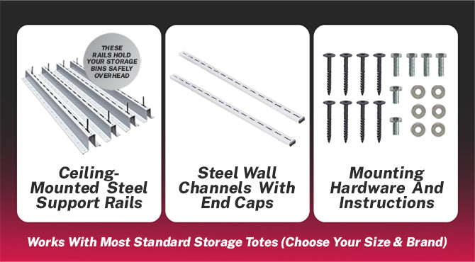 Storage system components including ceiling-mounted steel support rails, wall channels with end caps, and mounting hardware.