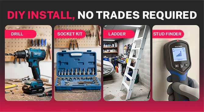 DIY installation infographic showing a cordless drill, socket kit, ladder, and electronic stud finder.