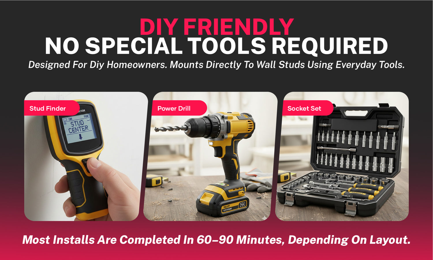 Infographic for DIY-friendly shelving installation showing a stud finder, power drill, and socket set with text stating "No special tools required.