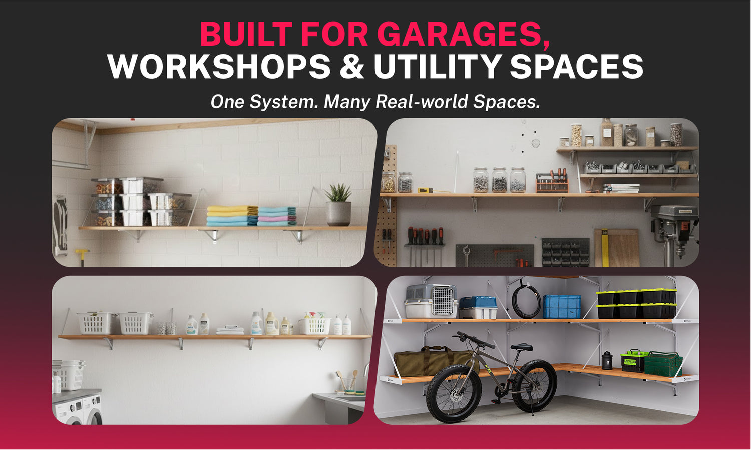 Advertisement for garage and workshop storage solutions with shelves and tools.