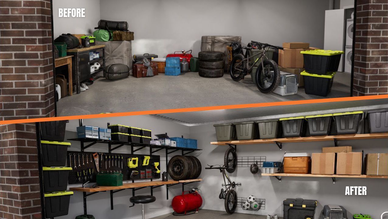 Before and after comparison of a garage organization project with shelves and storage solutions.
