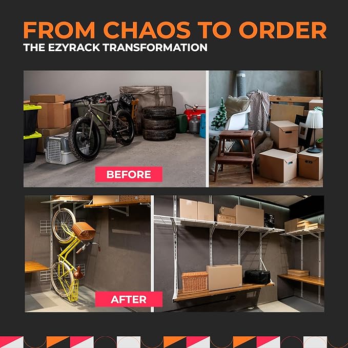 Before and after transformation of a garage using EzyRack, with text 'From Chaos to Order'.