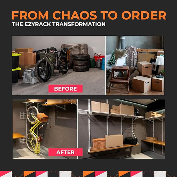 Before and after transformation of a garage using EzyRack, with text 'From Chaos to Order'.