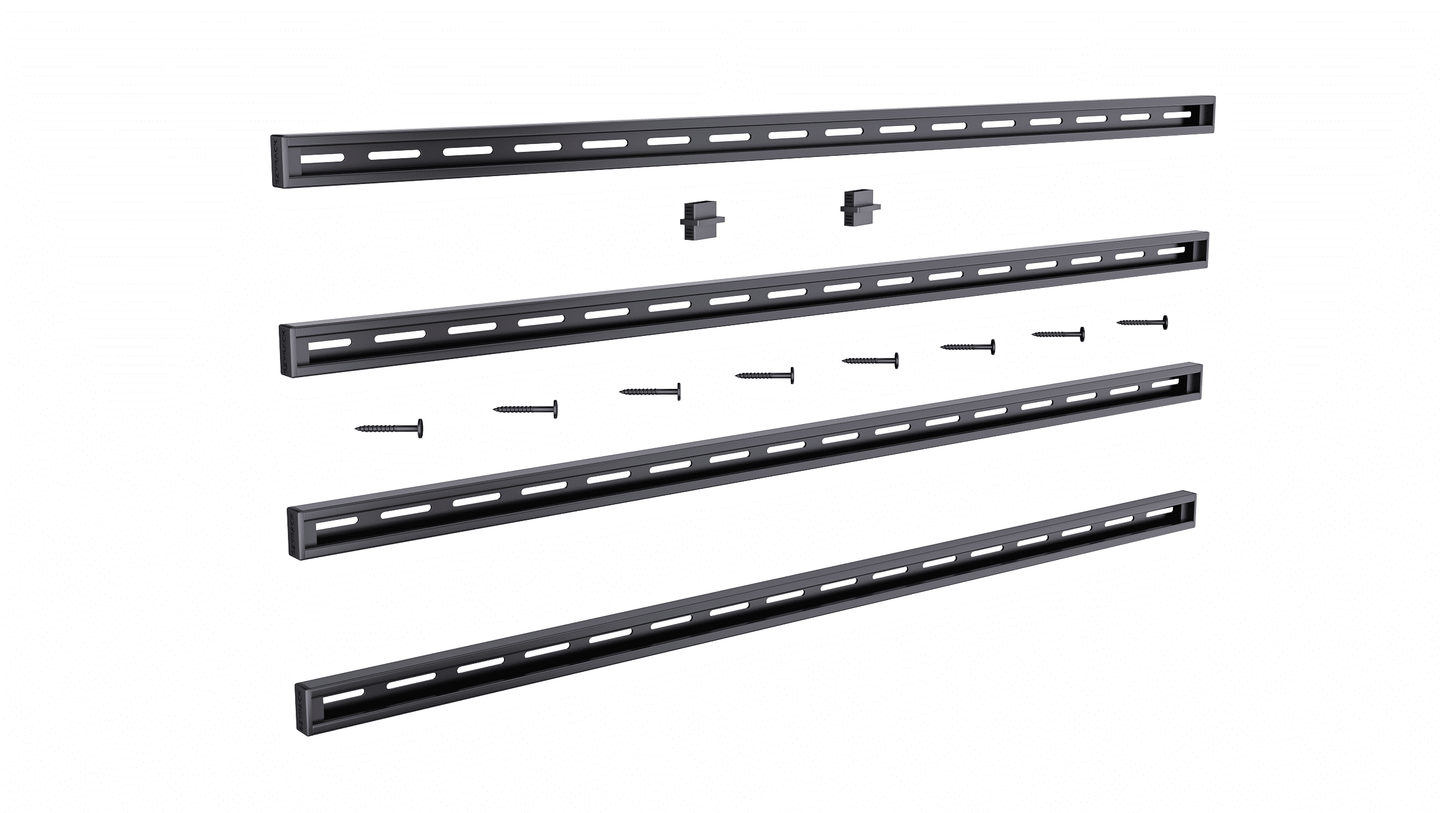 Ezyrack Pack C four black wall-mounted storage rails with end caps and installation screws.