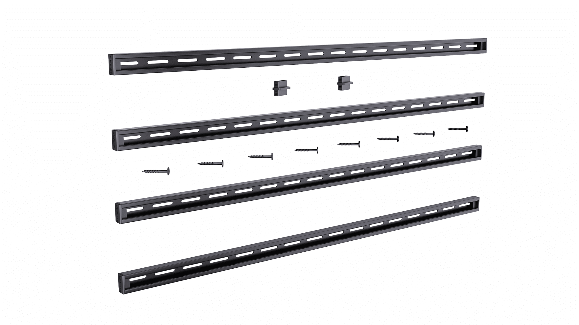 Ezyrack Pack C four black wall-mounted storage rails with end caps and installation screws.