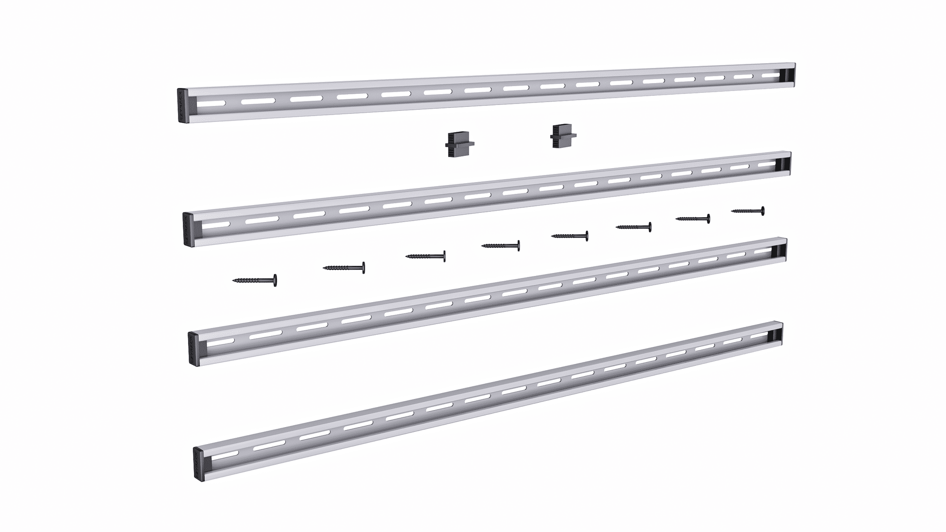Ezyrack Pack C white storage rails with hardware and screws for wall organization.