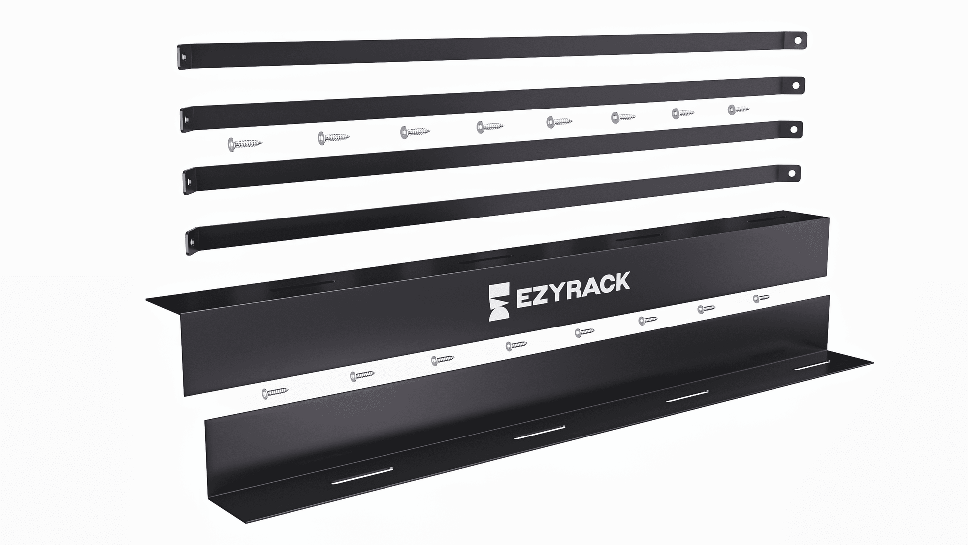 Ezyrack Pack F black wood storage kit including support straps, mounting hardware, and branded Ezyrack bracket.