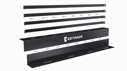 Ezyrack Pack F black wood storage kit including support straps, mounting hardware, and branded Ezyrack bracket.