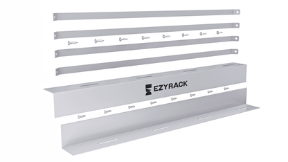 Ezyrack Pack F white wood storage kit featuring support straps and branded Ezyrack wall bracket with screws.