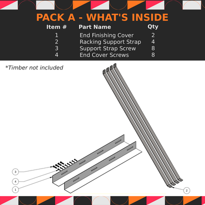 Packaging list for construction parts with illustrations of components on a white background.