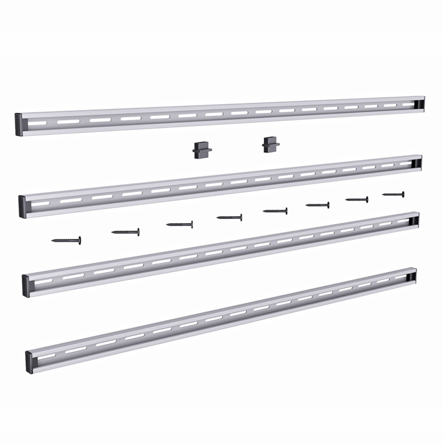 Set of metal shelves and brackets on a white background