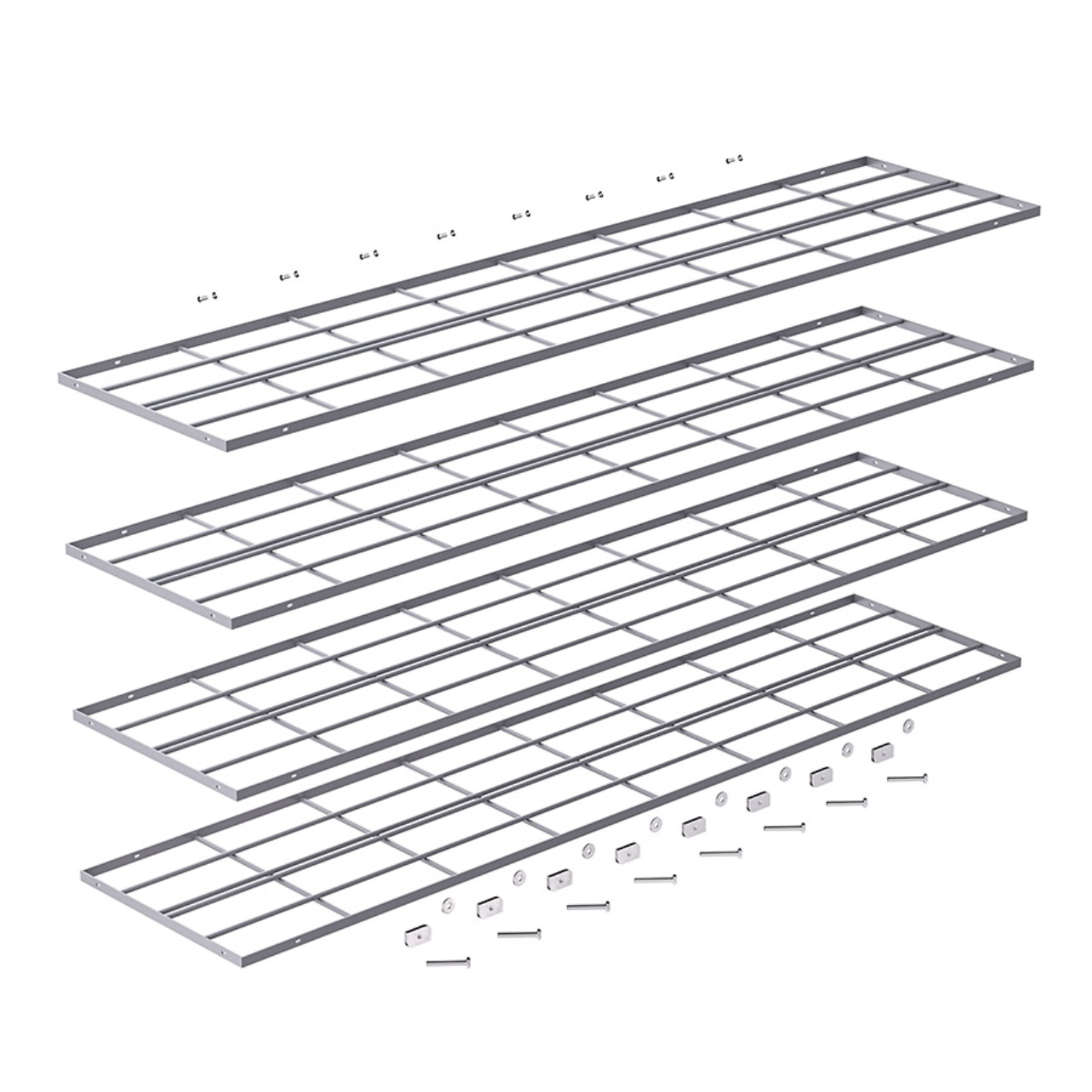 Set of metal wire shelves on a white background