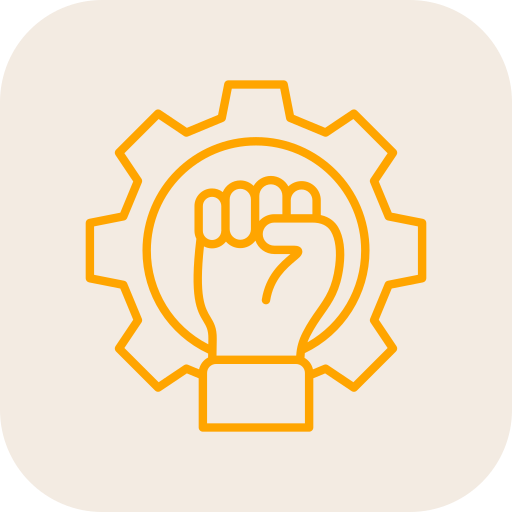 Outline of a hand holding a gear on a beige background