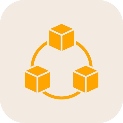 Orange icon of three interconnected cubes on a beige background