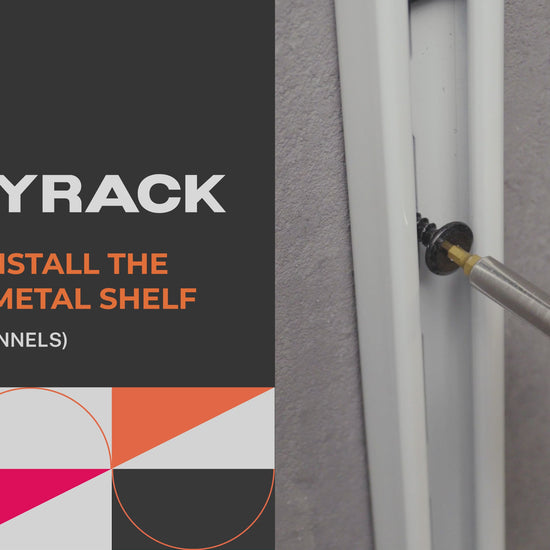 Video showing the step-by-step installation of the Ezyrack metal shelf, including mounting the heavy-duty brackets and securing the shelf mesh.